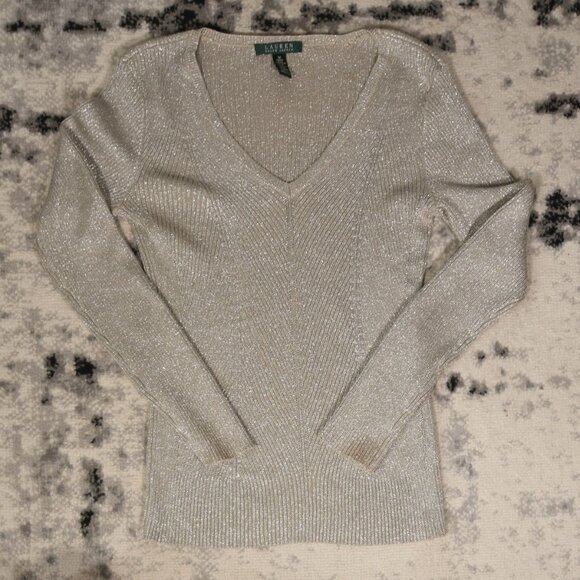 Lauren Ralph Lauren Beige Glitter V Neck Long Sleeve Sweater - Picture 1 of 5